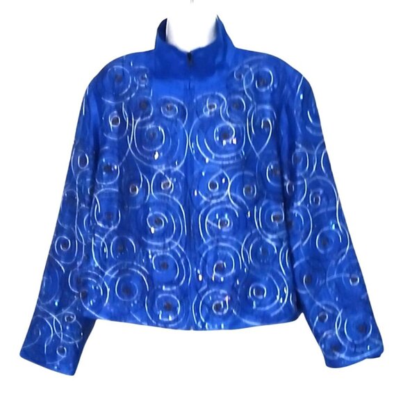 Anage Jackets & Blazers - Vintage 80s Anage Blazer Women XL Blue 100% Silk Beaded Sequin Zip Mock Neck